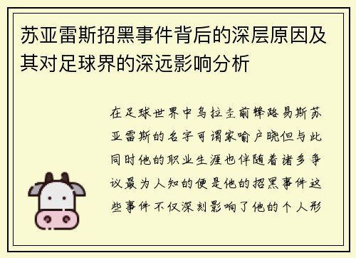 苏亚雷斯招黑事件背后的深层原因及其对足球界的深远影响分析
