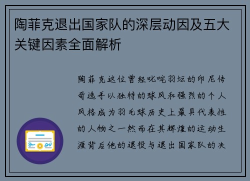陶菲克退出国家队的深层动因及五大关键因素全面解析