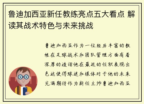 鲁迪加西亚新任教练亮点五大看点 解读其战术特色与未来挑战