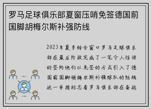 罗马足球俱乐部夏窗压哨免签德国前国脚胡梅尔斯补强防线 罗马足球俱乐部夏窗压哨免签德国前国脚胡梅尔斯补强防线